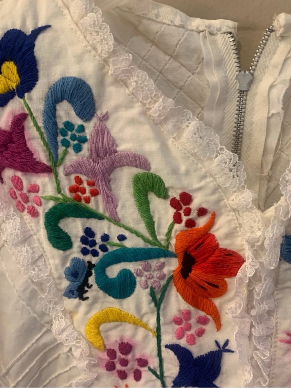 Handmade VTG Mexican Embroidered Lace Crochet Cotton Maxi Dress - Picture 8 of 13